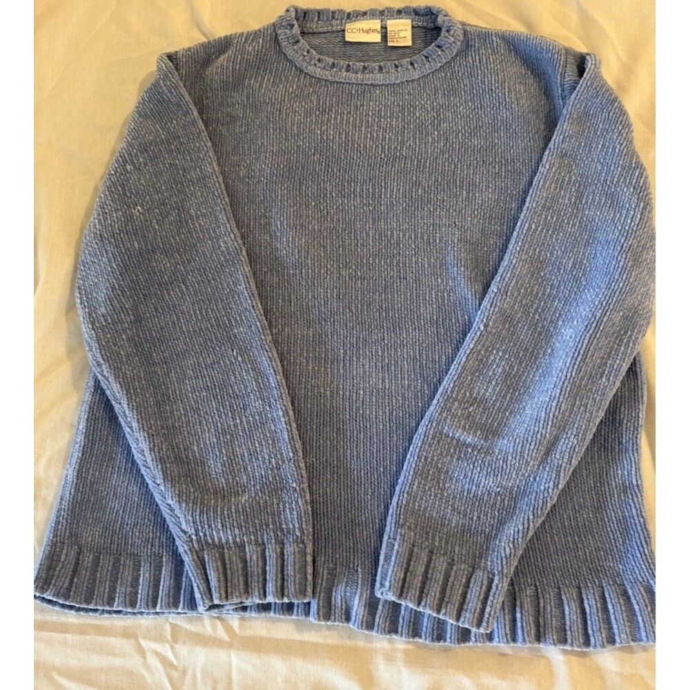Vintage CC Hughes Blue Chenille Pullover Sweater Size L Grandpa Coastal